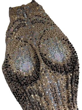 Glamstone Nude Mesh Contour Rhinestone Jumpsuit